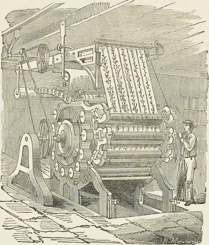 An illustration from Dyeing and calico printing : including an account of the most recent improvements in the manufacture and use of aniline colours : illustrated with wood engravings and numerous specimens of printed and dyed fabrics, 1876, leaf 113