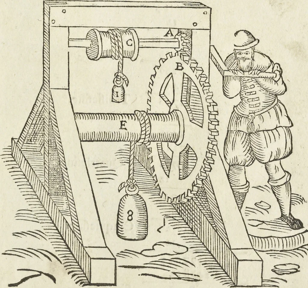 An illustration from Les raisons des forces mouuantes auec diuerses machines tant vtilles que plaisantes aus quelles sont adioints plusieurs desseings de grotes et fontaines, 1615, leaf 24