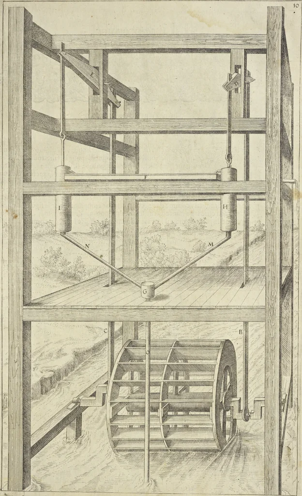 An illustration from Les raisons des forces mouuantes auec diuerses machines tant vtilles que plaisantes aus quelles sont adioints plusieurs desseings de grotes et fontaines, 1615, leaf 30