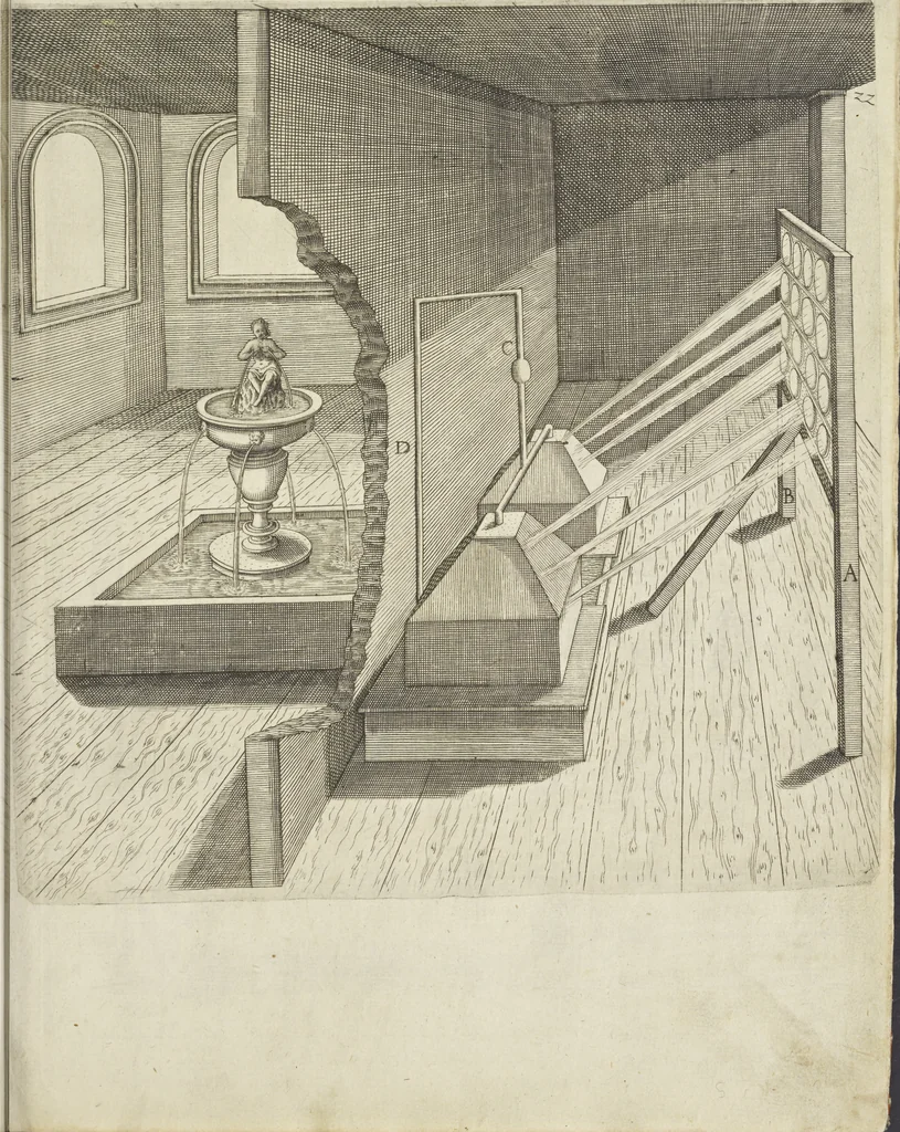 An illustration from Les raisons des forces mouuantes auec diuerses machines tant vtilles que plaisantes aus quelles sont adioints plusieurs desseings de grotes et fontaines, 1615, leaf 54