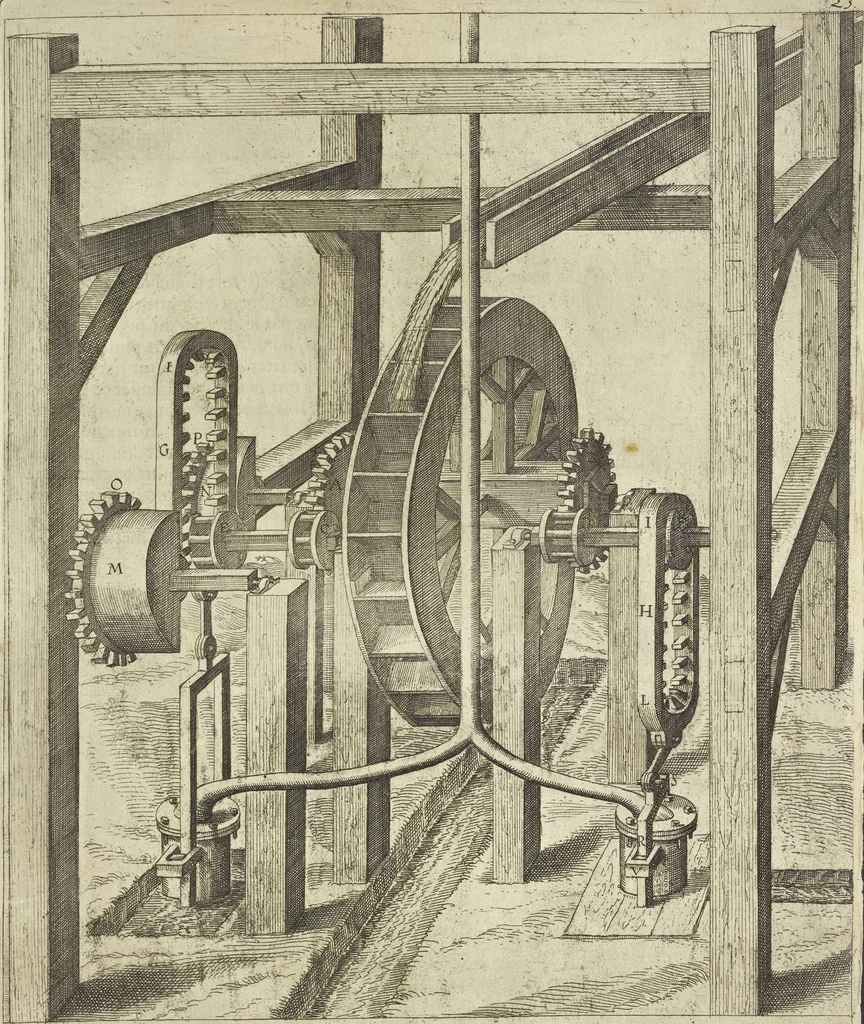 An illustration from Les raisons des forces mouuantes auec diuerses machines tant vtilles que plaisantes aus quelles sont adioints plusieurs desseings de grotes et fontaines, 1615, leaf 56