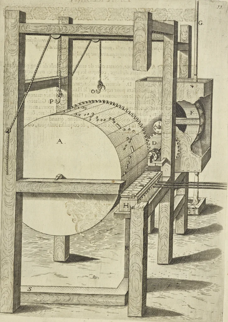 An illustration from Les raisons des forces mouuantes auec diuerses machines tant vtilles que plaisantes aus quelles sont adioints plusieurs desseings de grotes et fontaines, 1615, leaf 76
