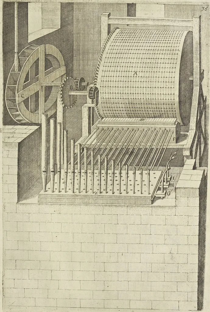 An illustration from Les raisons des forces mouuantes auec diuerses machines tant vtilles que plaisantes aus quelles sont adioints plusieurs desseings de grotes et fontaines, 1615, leaf 82