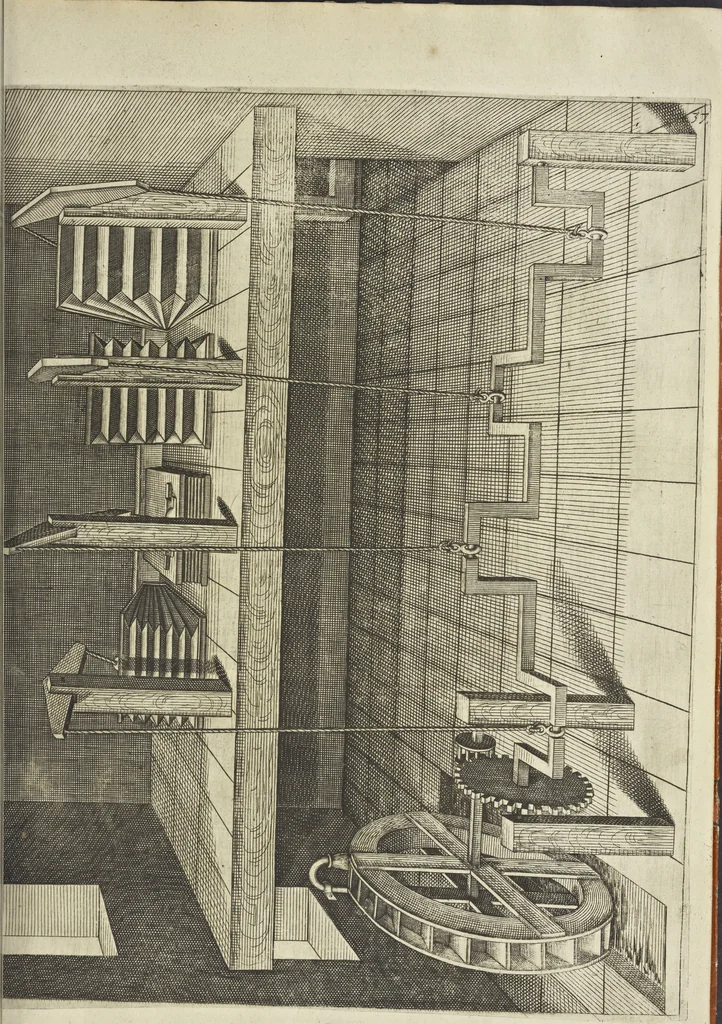 An illustration from Les raisons des forces mouuantes auec diuerses machines tant vtilles que plaisantes aus quelles sont adioints plusieurs desseings de grotes et fontaines, 1615, leaf 84