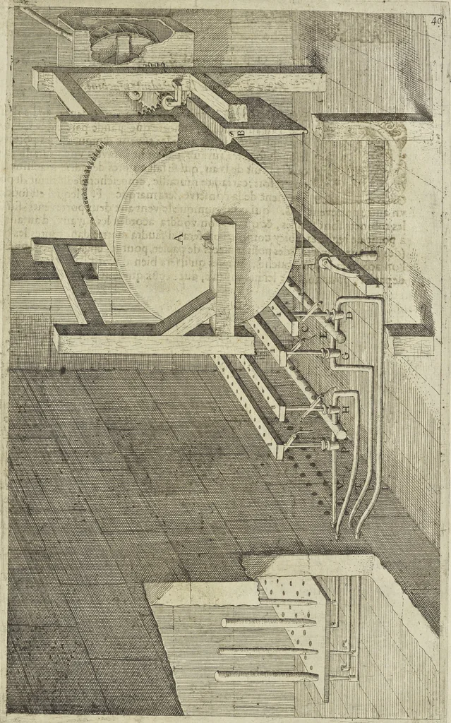 An illustration from Les raisons des forces mouuantes auec diuerses machines tant vtilles que plaisantes aus quelles sont adioints plusieurs desseings de grotes et fontaines, 1615, leaf 90