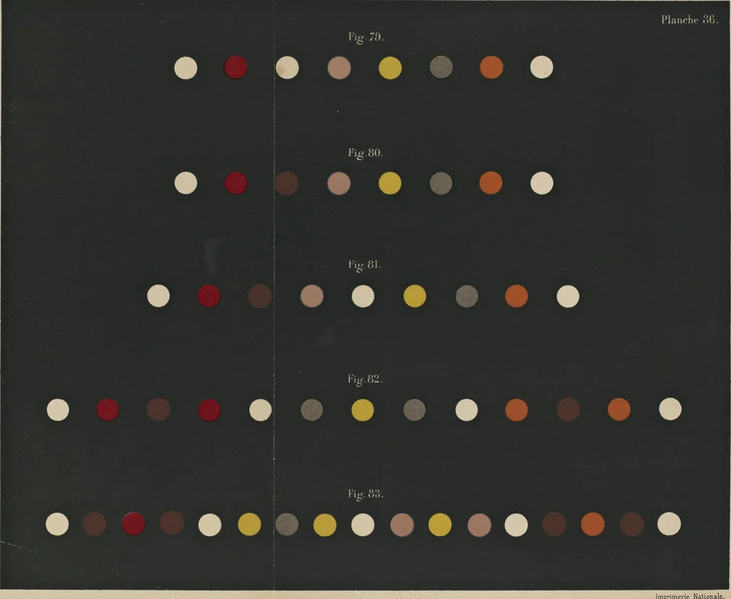 An illustration from De la loi du contraste simultané des couleurs et de l'assortiment des objets colorés : considéré d'après cette loi dans ses rapports avec la peinture, les tapisseries des gobelins, les tapisseries de Beauvais pour meubles, les tapis, la mosaique, les vitraux colorés, l'impression des étoffes, l'imprimerie, l'enluminure, la decoration des édifices, l'habillement et l'horticulture, 1889, leaf 479