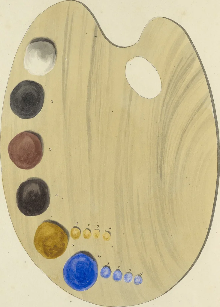 An illustration from The art of painting portraits, landscapes, animals, draperies, satins, &c. in oil colours : practically explained by coloured palettes : with an appendix on cleaning and restoring ancient paintings on panel or canvas, 1840, leaf 43