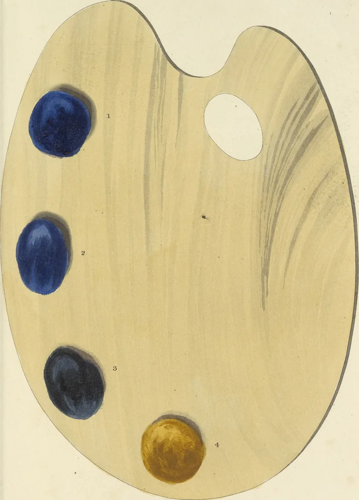 An illustration from The art of painting portraits, landscapes, animals, draperies, satins, &c. in oil colours : practically explained by coloured palettes : with an appendix on cleaning and restoring ancient paintings on panel or canvas, 1840, leaf 46