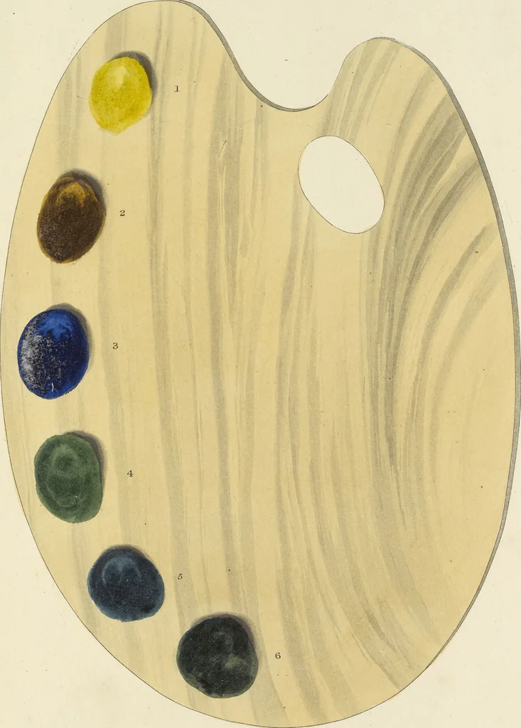 An illustration from The art of painting portraits, landscapes, animals, draperies, satins, &c. in oil colours : practically explained by coloured palettes : with an appendix on cleaning and restoring ancient paintings on panel or canvas, 1840, leaf 52