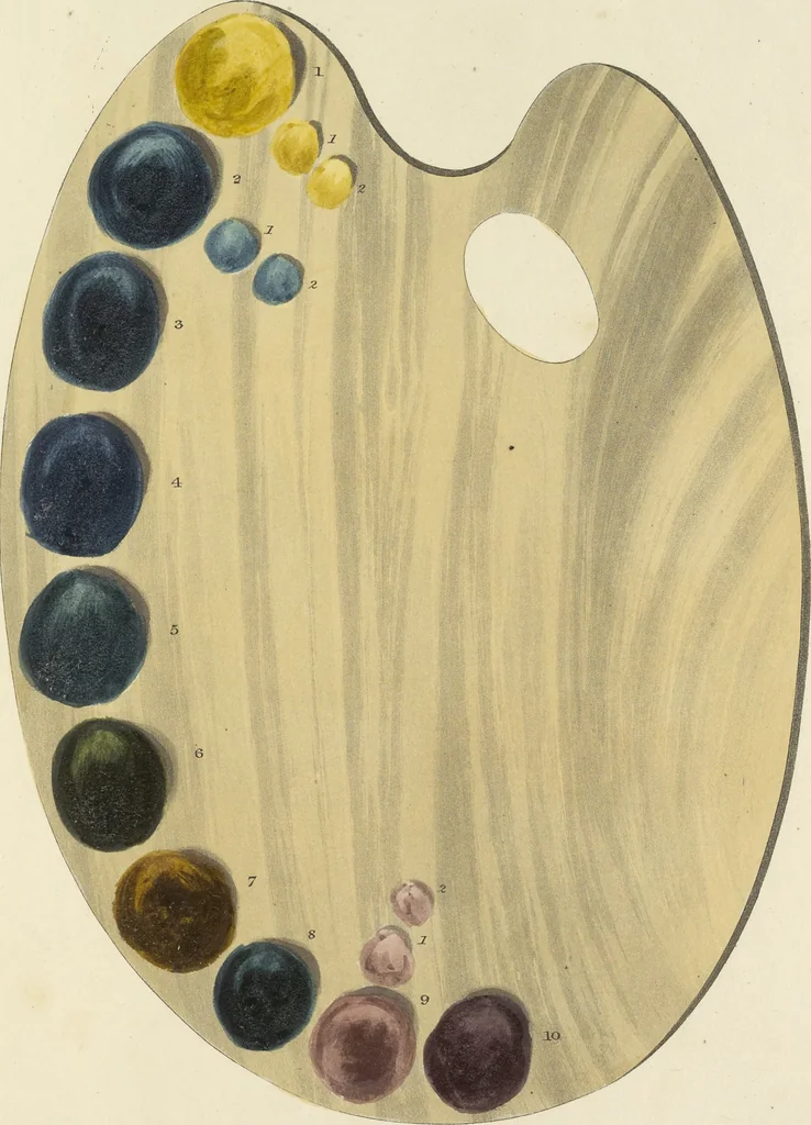 An illustration from The art of painting portraits, landscapes, animals, draperies, satins, &c. in oil colours : practically explained by coloured palettes : with an appendix on cleaning and restoring ancient paintings on panel or canvas, 1840, leaf 58
