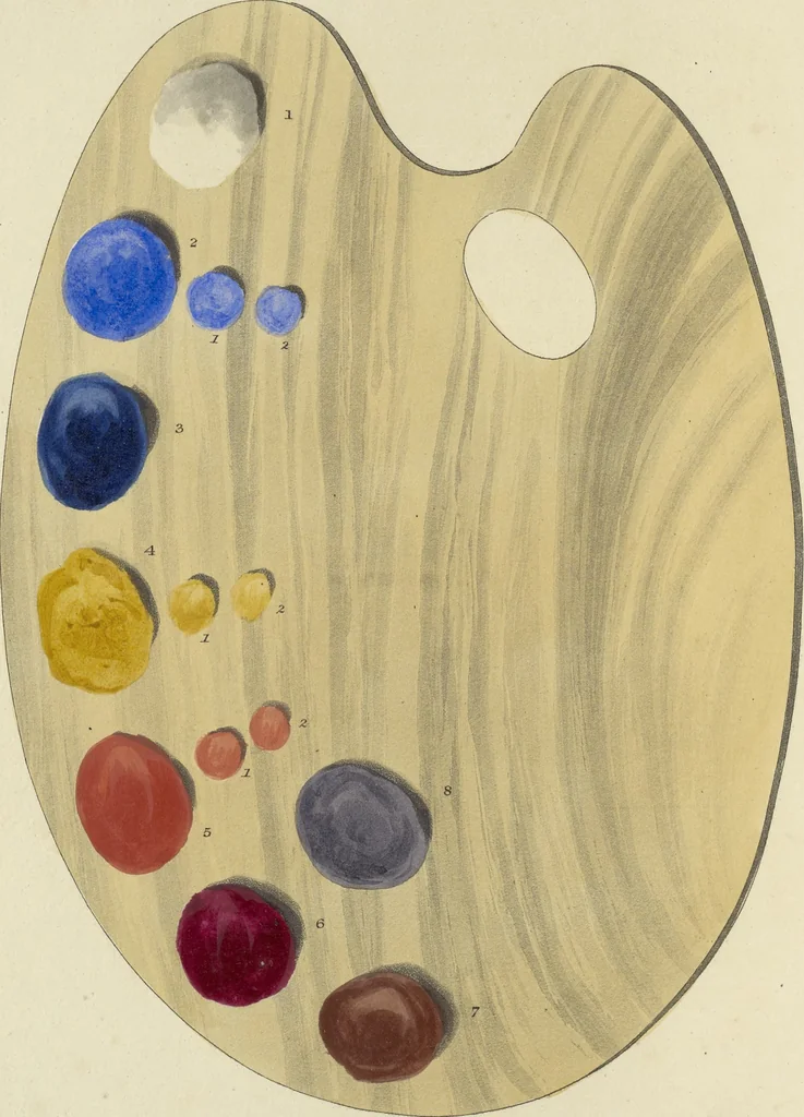 An illustration from The art of painting portraits, landscapes, animals, draperies, satins, &c. in oil colours : practically explained by coloured palettes : with an appendix on cleaning and restoring ancient paintings on panel or canvas, 1840, leaf 61