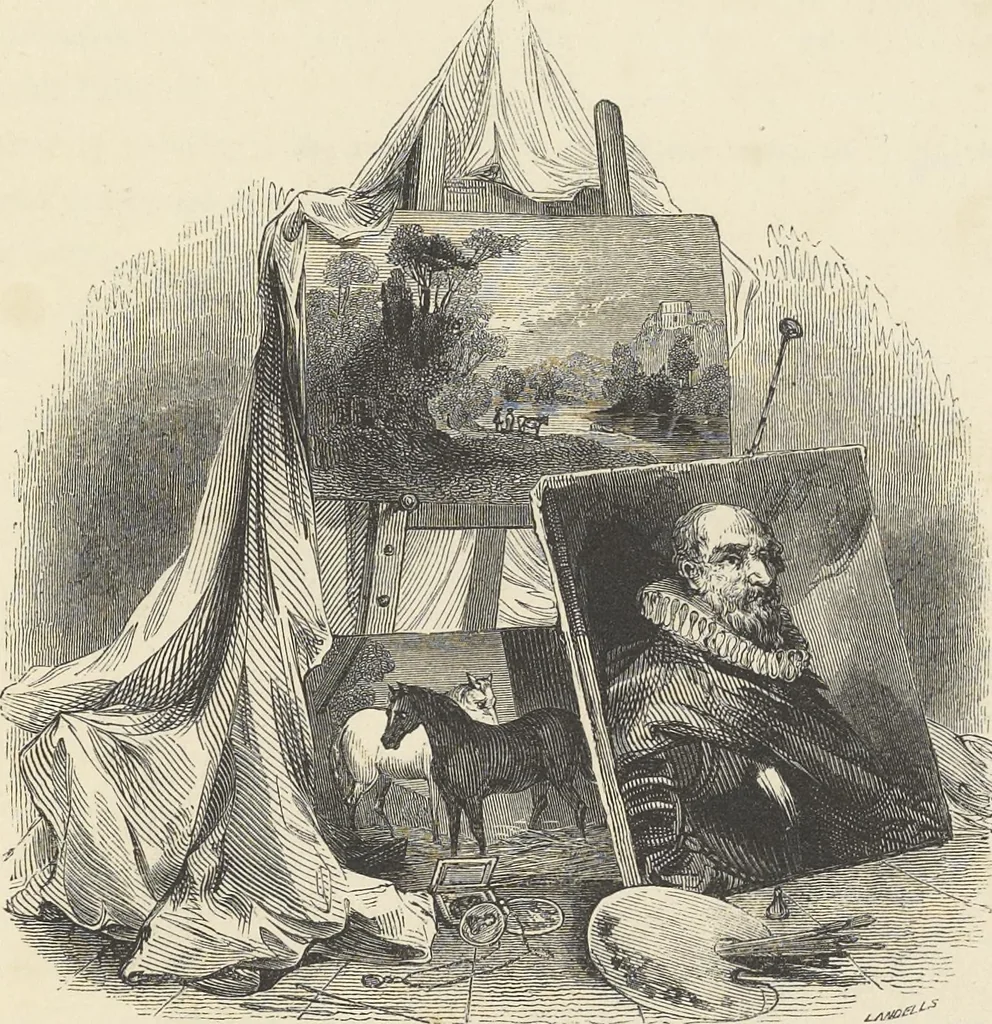An illustration from The art of painting portraits, landscapes, animals, draperies, satins, &c. in oil colours : practically explained by coloured palettes : with an appendix on cleaning and restoring ancient paintings on panel or canvas, 1840, leaf 8