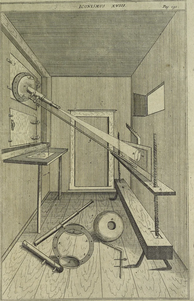 An illustration from Oculus artificialis teledioptricus, sive, Telescopium : ex abditis rerum naturalium & artificialium principiis protractum novâ methodo, eâque solidâ explicatum ac comprimis è triplici fundamento physico seu naturali, mathematico dioptrico et mechanico, seu practico stabilitum ..., 1685, leaf 532