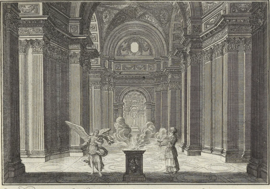 An illustration from Biblisches Engel- u. Kunst Werck : alles das jenige, was in Heiliger Göttlicher Schrifft Altes und Neuen Testaments von den heiligen Engeln Gottes ... zu finden ist ... : mit Fleiss zusammen getragen, in Kupffer gestochen und verlegt, 1705, leaf 10