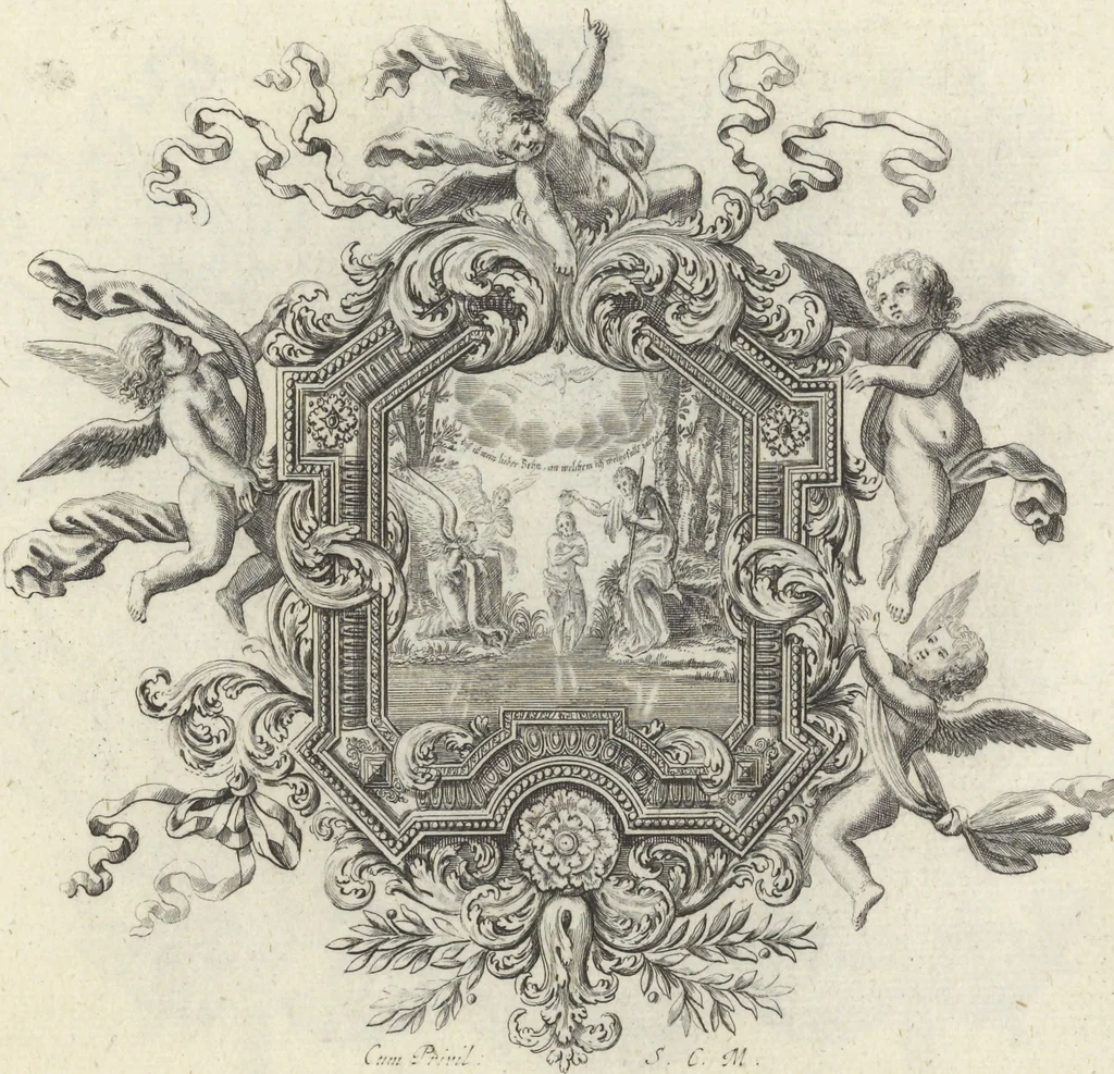An illustration from Biblisches Engel- u. Kunst Werck : alles das jenige, was in Heiliger Göttlicher Schrifft Altes und Neuen Testaments von den heiligen Engeln Gottes ... zu finden ist ... : mit Fleiss zusammen getragen, in Kupffer gestochen und verlegt, 1705, leaf 10