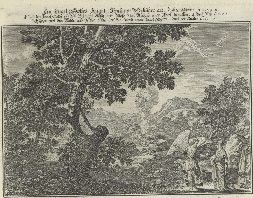 An illustration from Biblisches Engel- u. Kunst Werck : alles das jenige, was in Heiliger Göttlicher Schrifft Altes und Neuen Testaments von den heiligen Engeln Gottes ... zu finden ist ... : mit Fleiss zusammen getragen, in Kupffer gestochen und verlegt, 1705, leaf 12