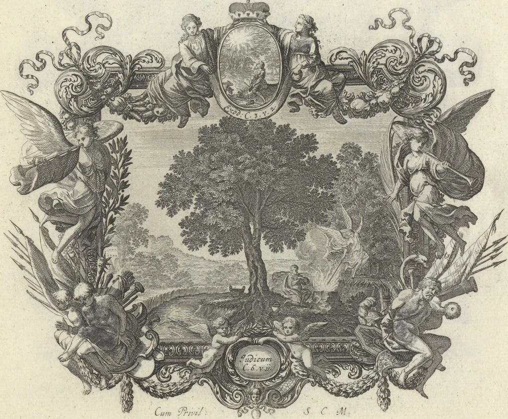 An illustration from Biblisches Engel- u. Kunst Werck : alles das jenige, was in Heiliger Göttlicher Schrifft Altes und Neuen Testaments von den heiligen Engeln Gottes ... zu finden ist ... : mit Fleiss zusammen getragen, in Kupffer gestochen und verlegt, 1705, leaf 12