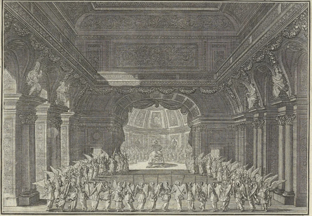 An illustration from Biblisches Engel- u. Kunst Werck : alles das jenige, was in Heiliger Göttlicher Schrifft Altes und Neuen Testaments von den heiligen Engeln Gottes ... zu finden ist ... : mit Fleiss zusammen getragen, in Kupffer gestochen und verlegt, 1705, leaf 14