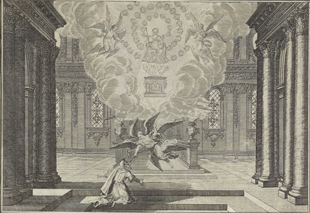 An illustration from Biblisches Engel- u. Kunst Werck : alles das jenige, was in Heiliger Göttlicher Schrifft Altes und Neuen Testaments von den heiligen Engeln Gottes ... zu finden ist ... : mit Fleiss zusammen getragen, in Kupffer gestochen und verlegt, 1705, leaf 16
