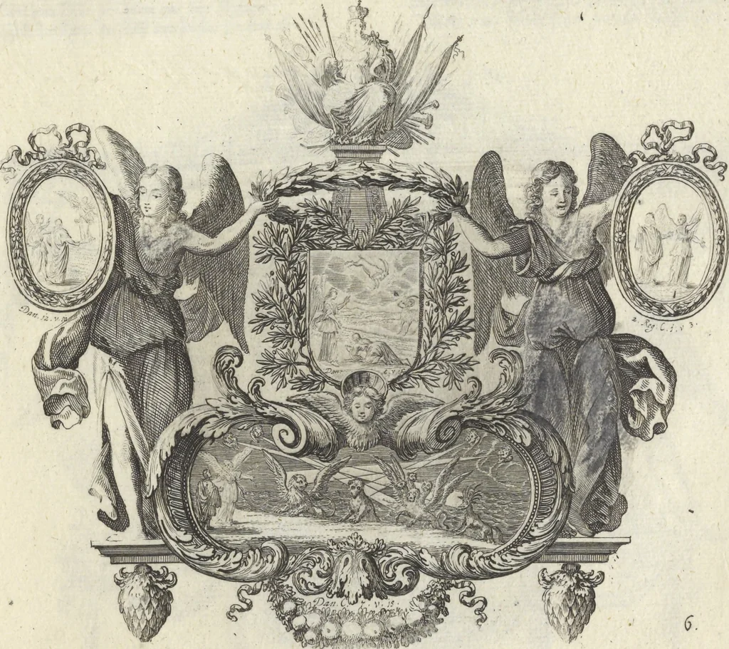 An illustration from Biblisches Engel- u. Kunst Werck : alles das jenige, was in Heiliger Göttlicher Schrifft Altes und Neuen Testaments von den heiligen Engeln Gottes ... zu finden ist ... : mit Fleiss zusammen getragen, in Kupffer gestochen und verlegt, 1705, leaf 16