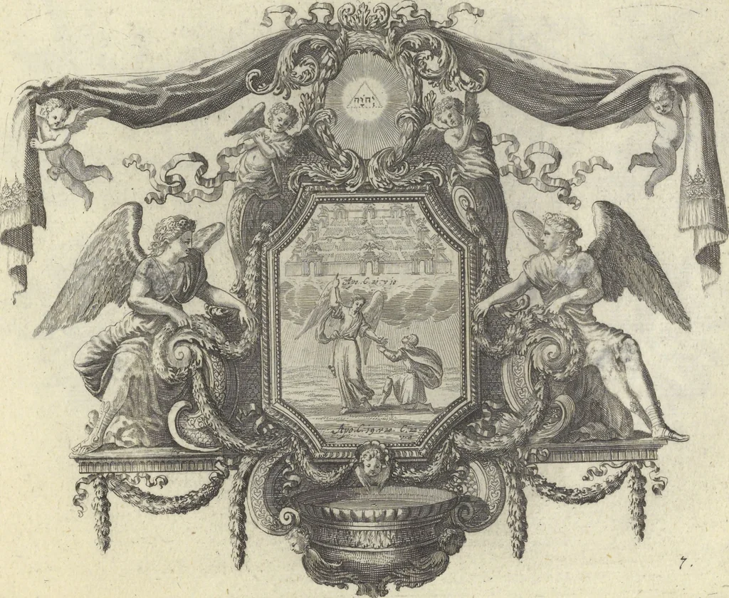 An illustration from Biblisches Engel- u. Kunst Werck : alles das jenige, was in Heiliger Göttlicher Schrifft Altes und Neuen Testaments von den heiligen Engeln Gottes ... zu finden ist ... : mit Fleiss zusammen getragen, in Kupffer gestochen und verlegt, 1705, leaf 18