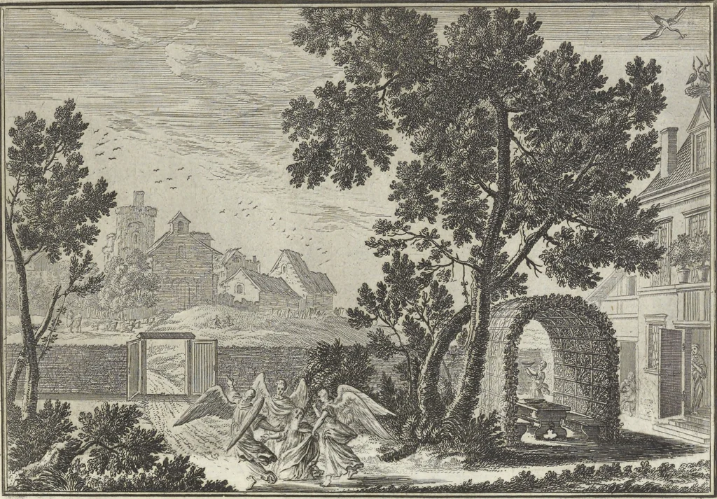 An illustration from Biblisches Engel- u. Kunst Werck : alles das jenige, was in Heiliger Göttlicher Schrifft Altes und Neuen Testaments von den heiligen Engeln Gottes ... zu finden ist ... : mit Fleiss zusammen getragen, in Kupffer gestochen und verlegt, 1705, leaf 20