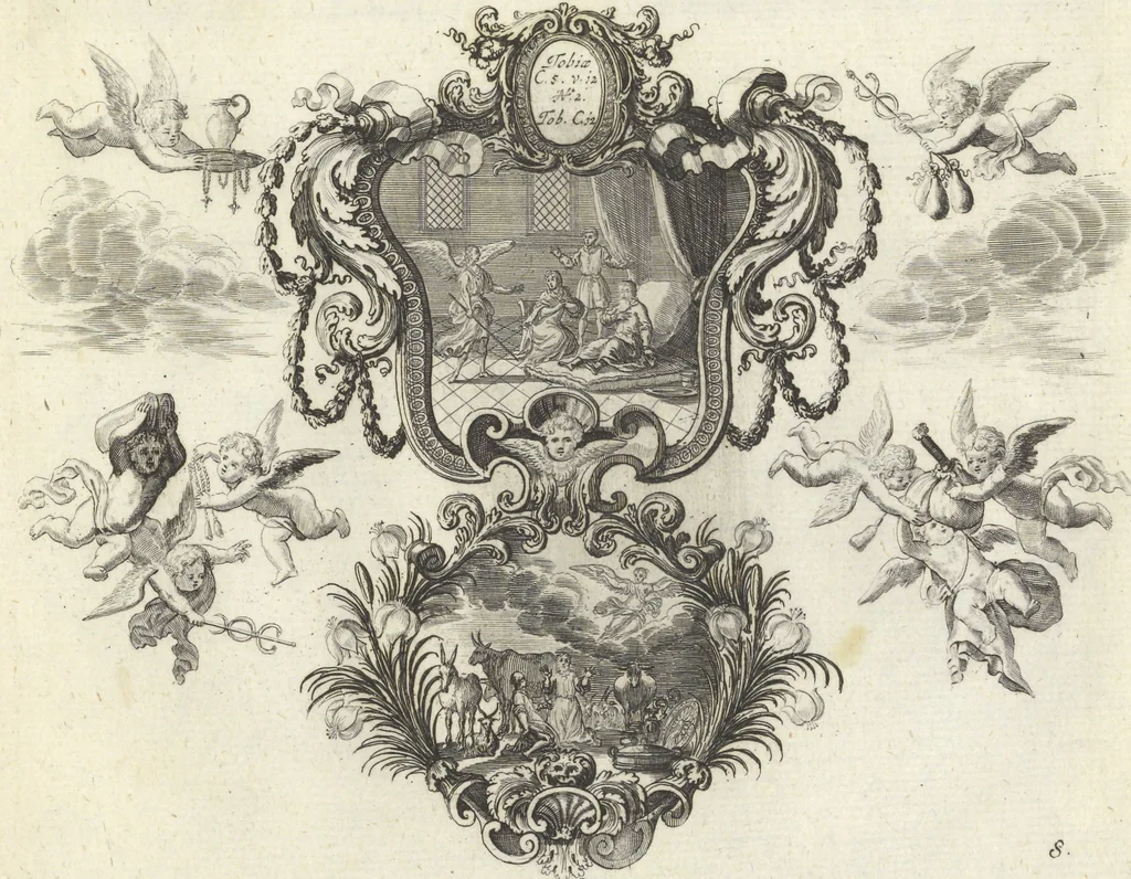 An illustration from Biblisches Engel- u. Kunst Werck : alles das jenige, was in Heiliger Göttlicher Schrifft Altes und Neuen Testaments von den heiligen Engeln Gottes ... zu finden ist ... : mit Fleiss zusammen getragen, in Kupffer gestochen und verlegt, 1705, leaf 20
