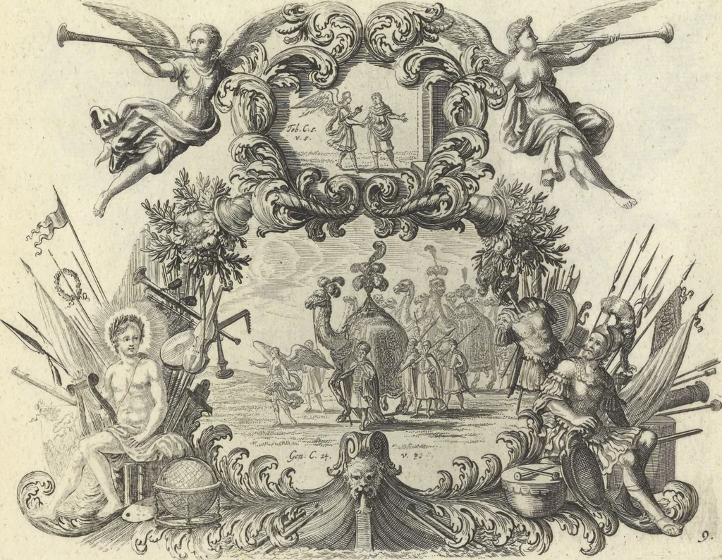 An illustration from Biblisches Engel- u. Kunst Werck : alles das jenige, was in Heiliger Göttlicher Schrifft Altes und Neuen Testaments von den heiligen Engeln Gottes ... zu finden ist ... : mit Fleiss zusammen getragen, in Kupffer gestochen und verlegt, 1705, leaf 22