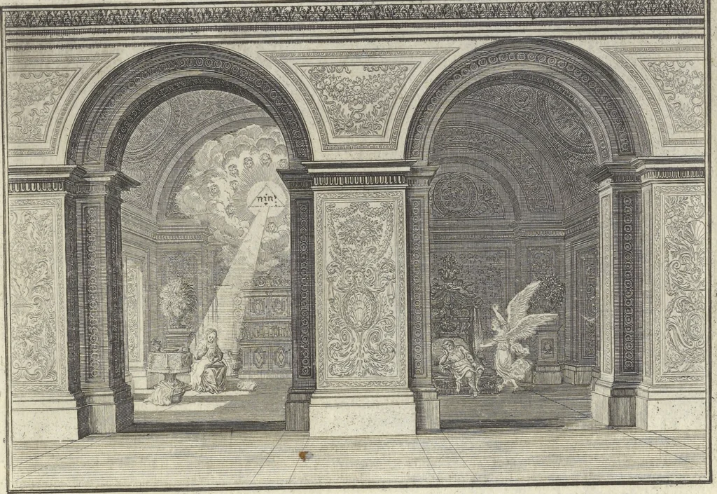 An illustration from Biblisches Engel- u. Kunst Werck : alles das jenige, was in Heiliger Göttlicher Schrifft Altes und Neuen Testaments von den heiligen Engeln Gottes ... zu finden ist ... : mit Fleiss zusammen getragen, in Kupffer gestochen und verlegt, 1705, leaf 24
