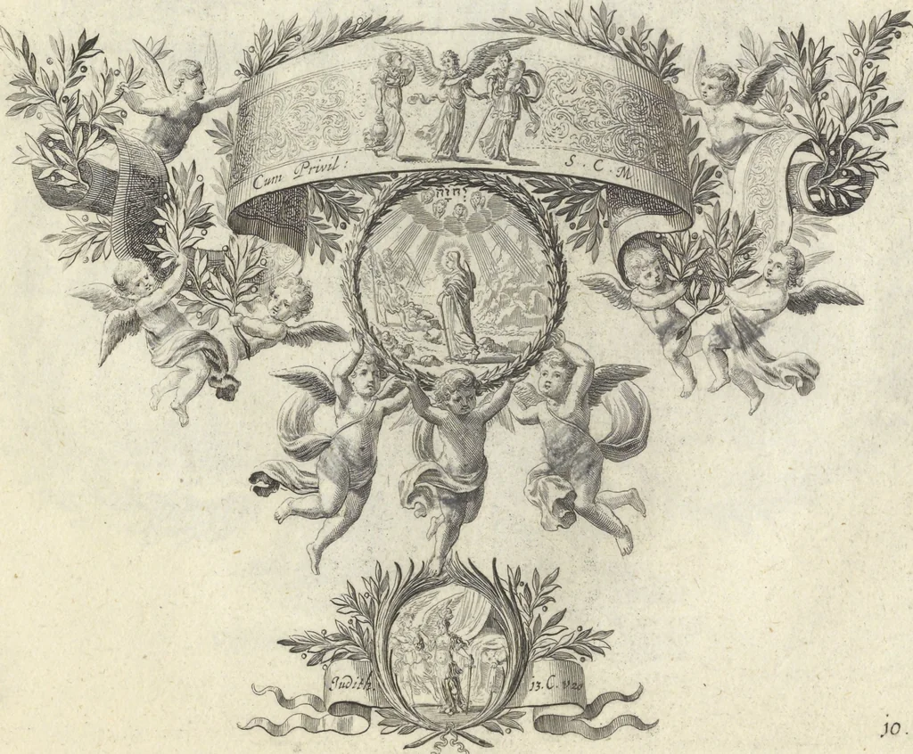 An illustration from Biblisches Engel- u. Kunst Werck : alles das jenige, was in Heiliger Göttlicher Schrifft Altes und Neuen Testaments von den heiligen Engeln Gottes ... zu finden ist ... : mit Fleiss zusammen getragen, in Kupffer gestochen und verlegt, 1705, leaf 24