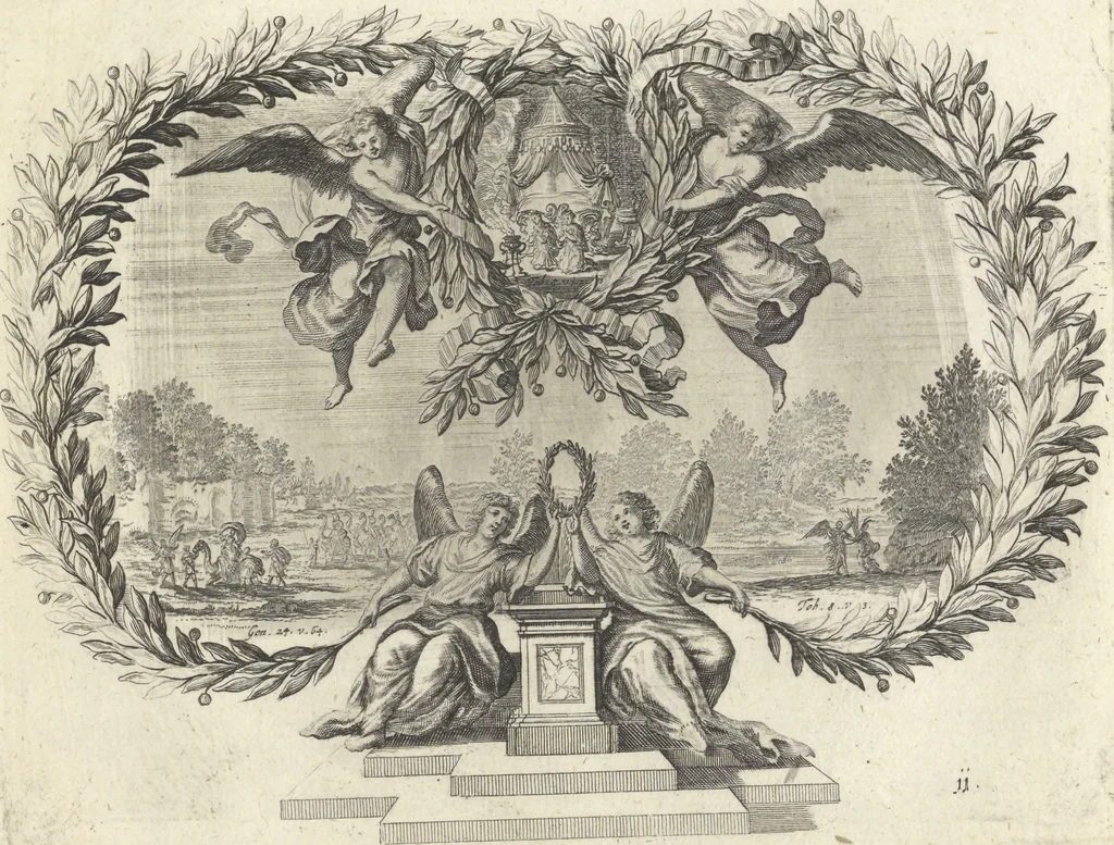 An illustration from Biblisches Engel- u. Kunst Werck : alles das jenige, was in Heiliger Göttlicher Schrifft Altes und Neuen Testaments von den heiligen Engeln Gottes ... zu finden ist ... : mit Fleiss zusammen getragen, in Kupffer gestochen und verlegt, 1705, leaf 26