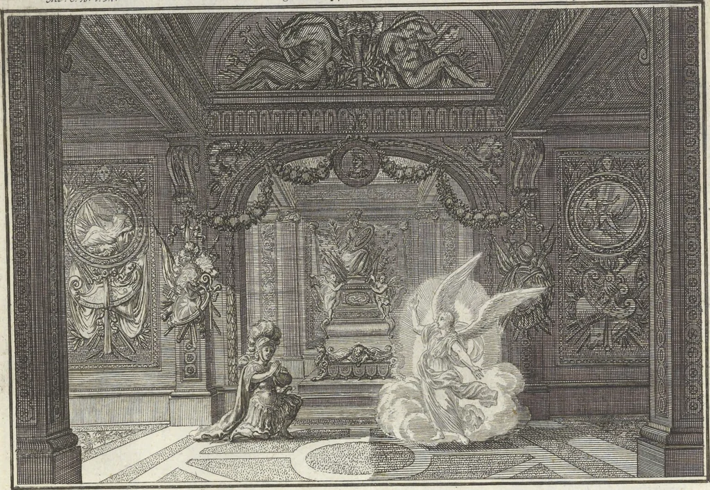 An illustration from Biblisches Engel- u. Kunst Werck : alles das jenige, was in Heiliger Göttlicher Schrifft Altes und Neuen Testaments von den heiligen Engeln Gottes ... zu finden ist ... : mit Fleiss zusammen getragen, in Kupffer gestochen und verlegt, 1705, leaf 28
