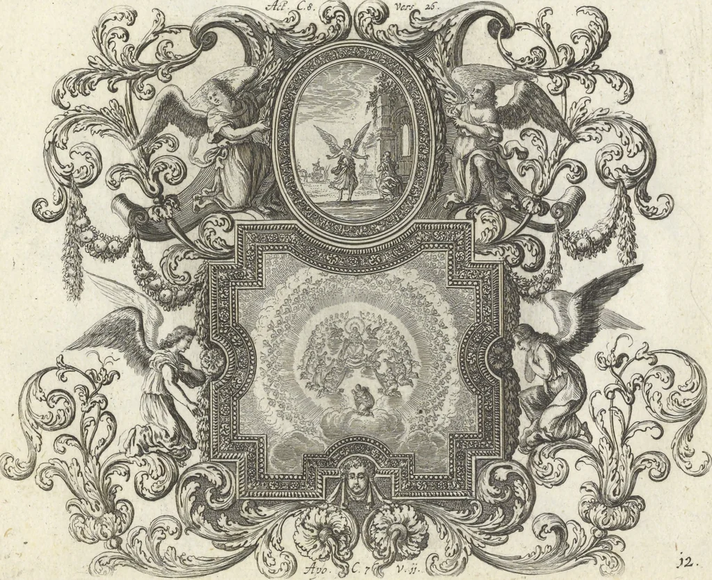 An illustration from Biblisches Engel- u. Kunst Werck : alles das jenige, was in Heiliger Göttlicher Schrifft Altes und Neuen Testaments von den heiligen Engeln Gottes ... zu finden ist ... : mit Fleiss zusammen getragen, in Kupffer gestochen und verlegt, 1705, leaf 28
