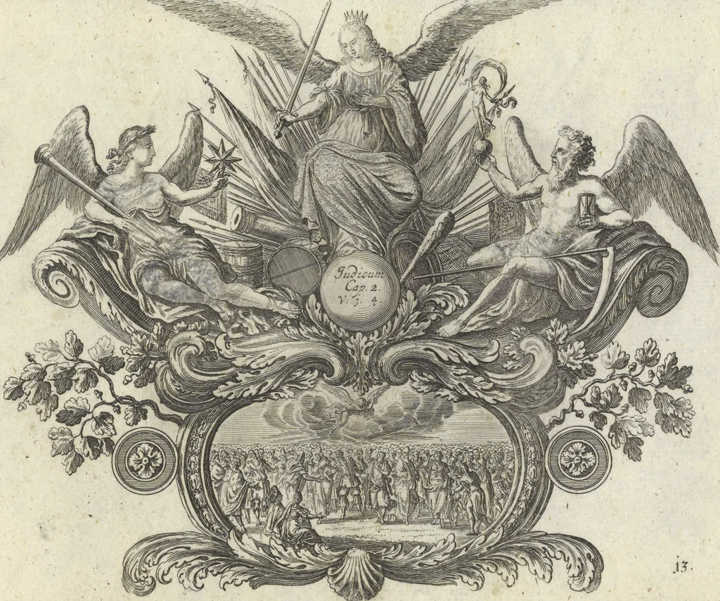 An illustration from Biblisches Engel- u. Kunst Werck : alles das jenige, was in Heiliger Göttlicher Schrifft Altes und Neuen Testaments von den heiligen Engeln Gottes ... zu finden ist ... : mit Fleiss zusammen getragen, in Kupffer gestochen und verlegt, 1705, leaf 30