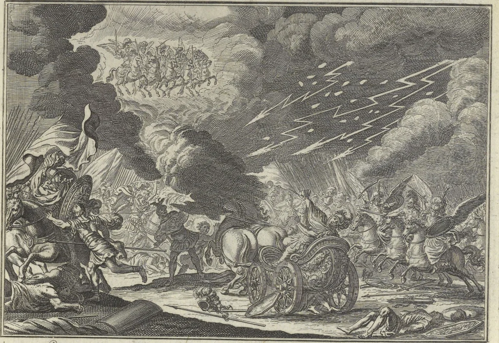 An illustration from Biblisches Engel- u. Kunst Werck : alles das jenige, was in Heiliger Göttlicher Schrifft Altes und Neuen Testaments von den heiligen Engeln Gottes ... zu finden ist ... : mit Fleiss zusammen getragen, in Kupffer gestochen und verlegt, 1705, leaf 32