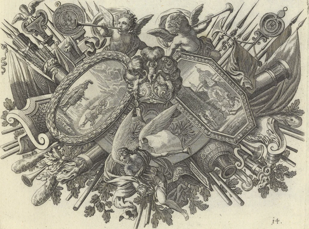 An illustration from Biblisches Engel- u. Kunst Werck : alles das jenige, was in Heiliger Göttlicher Schrifft Altes und Neuen Testaments von den heiligen Engeln Gottes ... zu finden ist ... : mit Fleiss zusammen getragen, in Kupffer gestochen und verlegt, 1705, leaf 32