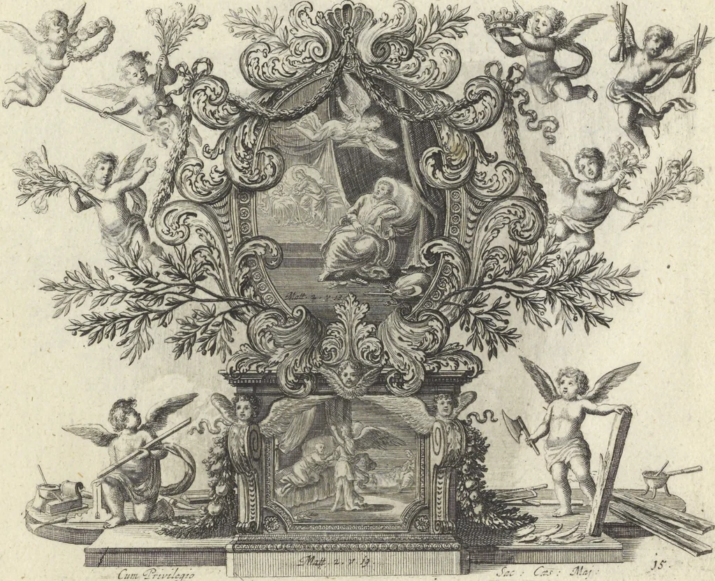 An illustration from Biblisches Engel- u. Kunst Werck : alles das jenige, was in Heiliger Göttlicher Schrifft Altes und Neuen Testaments von den heiligen Engeln Gottes ... zu finden ist ... : mit Fleiss zusammen getragen, in Kupffer gestochen und verlegt, 1705, leaf 34