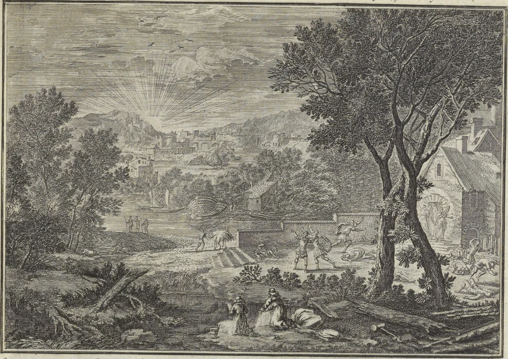 An illustration from Biblisches Engel- u. Kunst Werck : alles das jenige, was in Heiliger Göttlicher Schrifft Altes und Neuen Testaments von den heiligen Engeln Gottes ... zu finden ist ... : mit Fleiss zusammen getragen, in Kupffer gestochen und verlegt, 1705, leaf 36