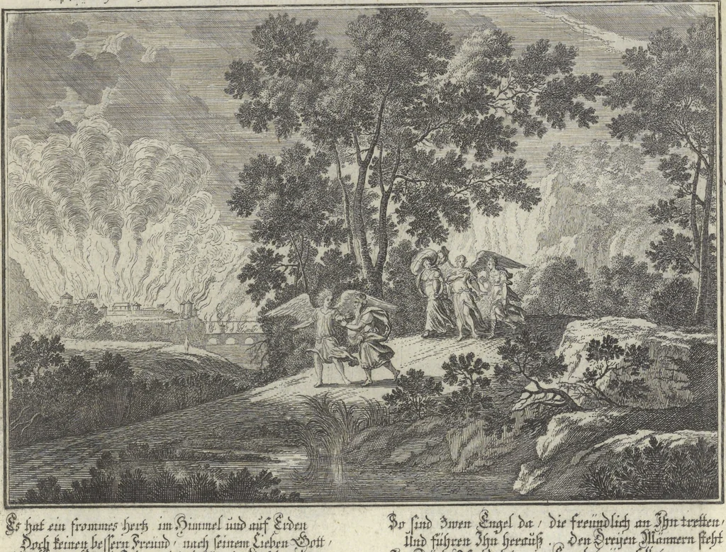 An illustration from Biblisches Engel- u. Kunst Werck : alles das jenige, was in Heiliger Göttlicher Schrifft Altes und Neuen Testaments von den heiligen Engeln Gottes ... zu finden ist ... : mit Fleiss zusammen getragen, in Kupffer gestochen und verlegt, 1705, leaf 38