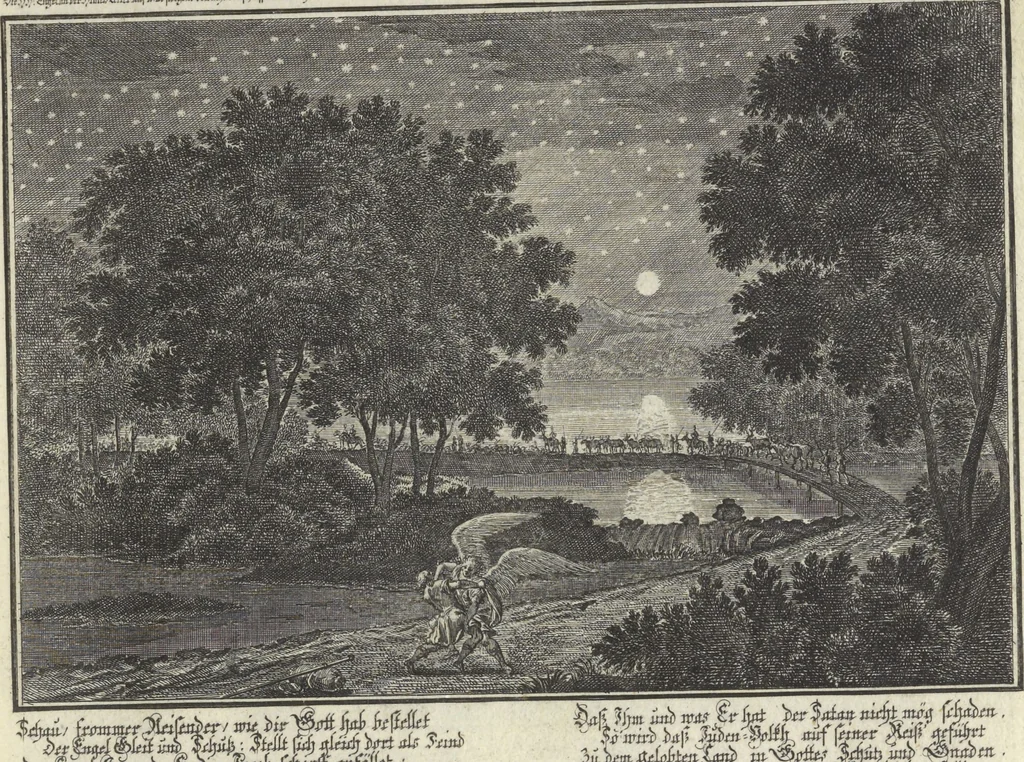 An illustration from Biblisches Engel- u. Kunst Werck : alles das jenige, was in Heiliger Göttlicher Schrifft Altes und Neuen Testaments von den heiligen Engeln Gottes ... zu finden ist ... : mit Fleiss zusammen getragen, in Kupffer gestochen und verlegt, 1705, leaf 40