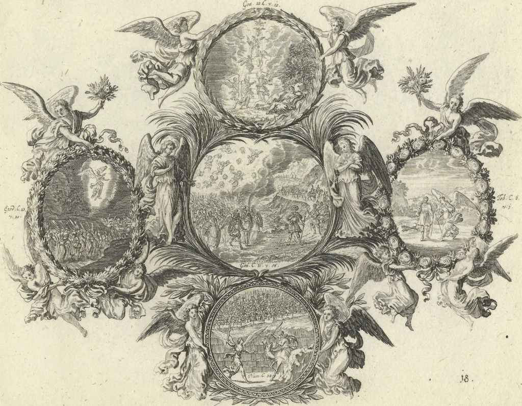 An illustration from Biblisches Engel- u. Kunst Werck : alles das jenige, was in Heiliger Göttlicher Schrifft Altes und Neuen Testaments von den heiligen Engeln Gottes ... zu finden ist ... : mit Fleiss zusammen getragen, in Kupffer gestochen und verlegt, 1705, leaf 40
