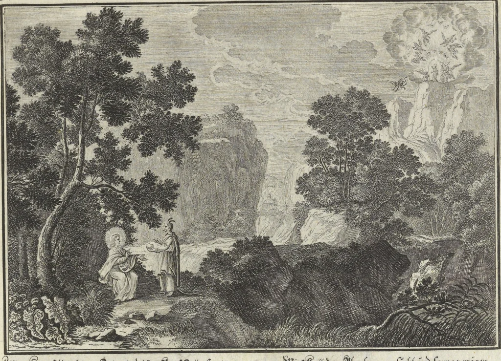An illustration from Biblisches Engel- u. Kunst Werck : alles das jenige, was in Heiliger Göttlicher Schrifft Altes und Neuen Testaments von den heiligen Engeln Gottes ... zu finden ist ... : mit Fleiss zusammen getragen, in Kupffer gestochen und verlegt, 1705, leaf 42