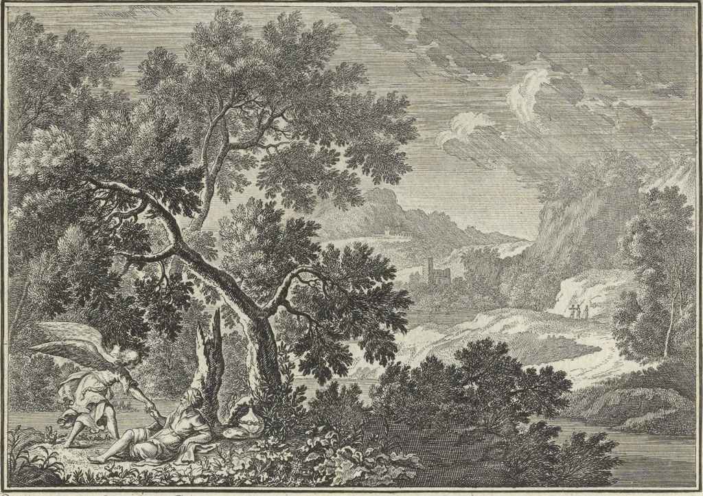An illustration from Biblisches Engel- u. Kunst Werck : alles das jenige, was in Heiliger Göttlicher Schrifft Altes und Neuen Testaments von den heiligen Engeln Gottes ... zu finden ist ... : mit Fleiss zusammen getragen, in Kupffer gestochen und verlegt, 1705, leaf 44