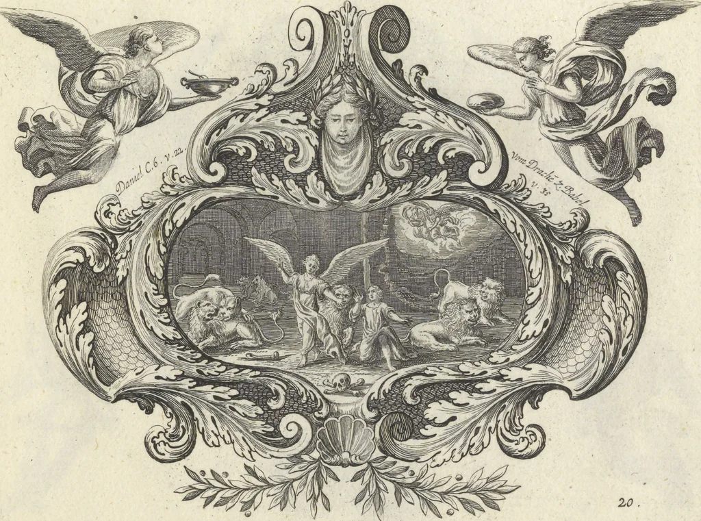 An illustration from Biblisches Engel- u. Kunst Werck : alles das jenige, was in Heiliger Göttlicher Schrifft Altes und Neuen Testaments von den heiligen Engeln Gottes ... zu finden ist ... : mit Fleiss zusammen getragen, in Kupffer gestochen und verlegt, 1705, leaf 44