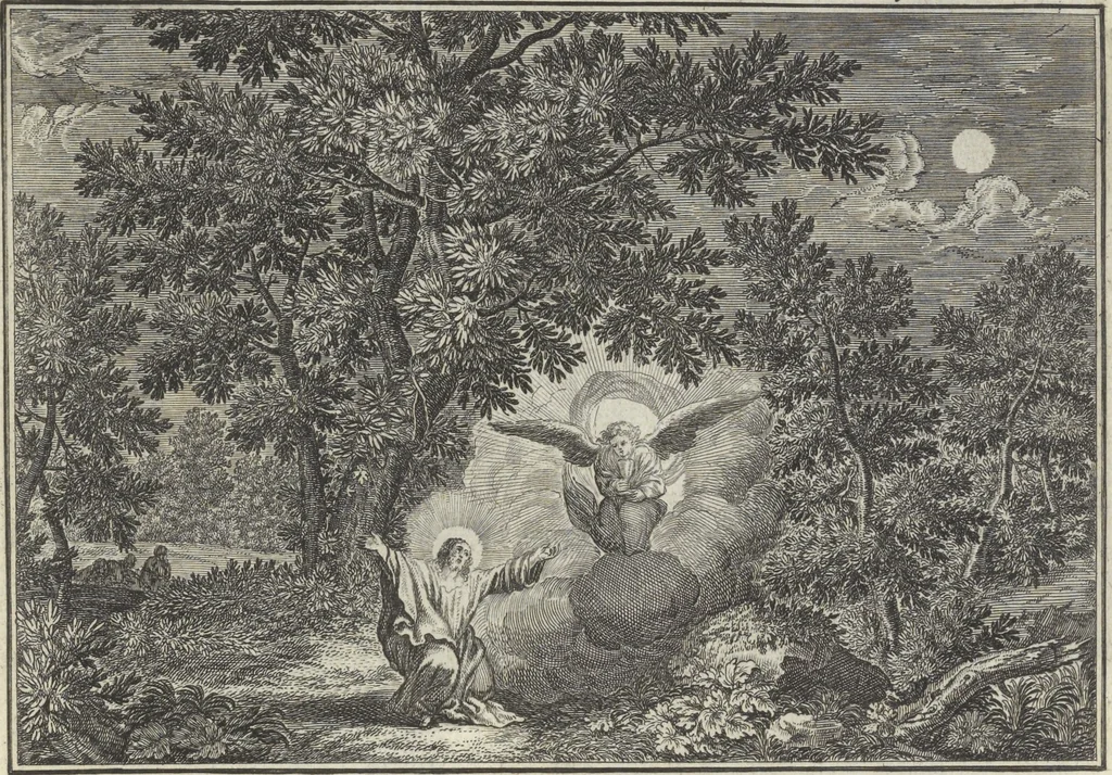 An illustration from Biblisches Engel- u. Kunst Werck : alles das jenige, was in Heiliger Göttlicher Schrifft Altes und Neuen Testaments von den heiligen Engeln Gottes ... zu finden ist ... : mit Fleiss zusammen getragen, in Kupffer gestochen und verlegt, 1705, leaf 46