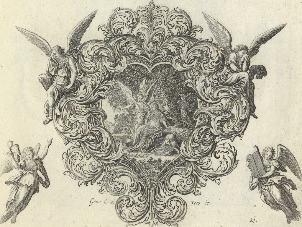 An illustration from Biblisches Engel- u. Kunst Werck : alles das jenige, was in Heiliger Göttlicher Schrifft Altes und Neuen Testaments von den heiligen Engeln Gottes ... zu finden ist ... : mit Fleiss zusammen getragen, in Kupffer gestochen und verlegt, 1705, leaf 46