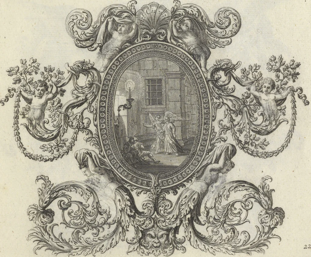 An illustration from Biblisches Engel- u. Kunst Werck : alles das jenige, was in Heiliger Göttlicher Schrifft Altes und Neuen Testaments von den heiligen Engeln Gottes ... zu finden ist ... : mit Fleiss zusammen getragen, in Kupffer gestochen und verlegt, 1705, leaf 48