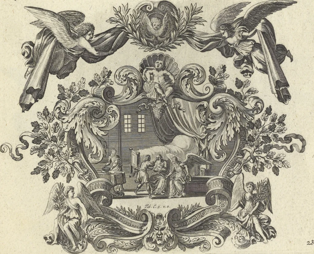 An illustration from Biblisches Engel- u. Kunst Werck : alles das jenige, was in Heiliger Göttlicher Schrifft Altes und Neuen Testaments von den heiligen Engeln Gottes ... zu finden ist ... : mit Fleiss zusammen getragen, in Kupffer gestochen und verlegt, 1705, leaf 50