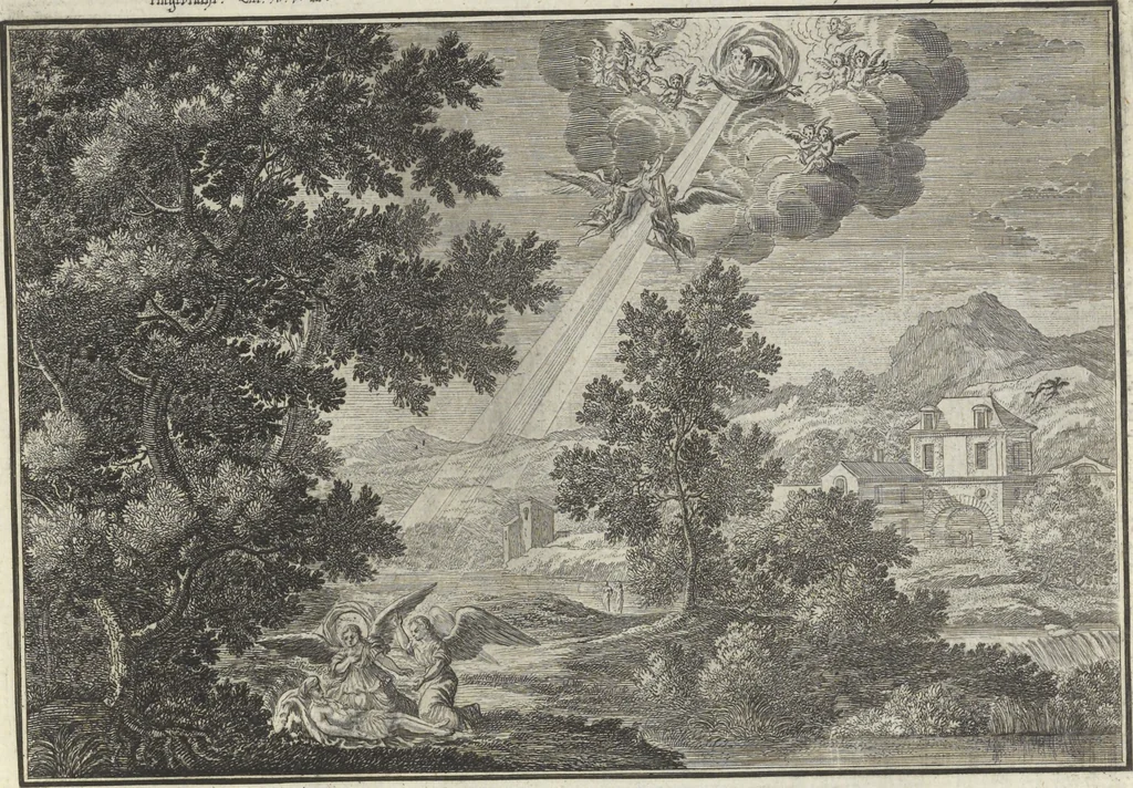 An illustration from Biblisches Engel- u. Kunst Werck : alles das jenige, was in Heiliger Göttlicher Schrifft Altes und Neuen Testaments von den heiligen Engeln Gottes ... zu finden ist ... : mit Fleiss zusammen getragen, in Kupffer gestochen und verlegt, 1705, leaf 52