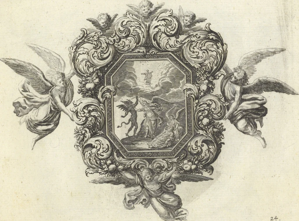 An illustration from Biblisches Engel- u. Kunst Werck : alles das jenige, was in Heiliger Göttlicher Schrifft Altes und Neuen Testaments von den heiligen Engeln Gottes ... zu finden ist ... : mit Fleiss zusammen getragen, in Kupffer gestochen und verlegt, 1705, leaf 52
